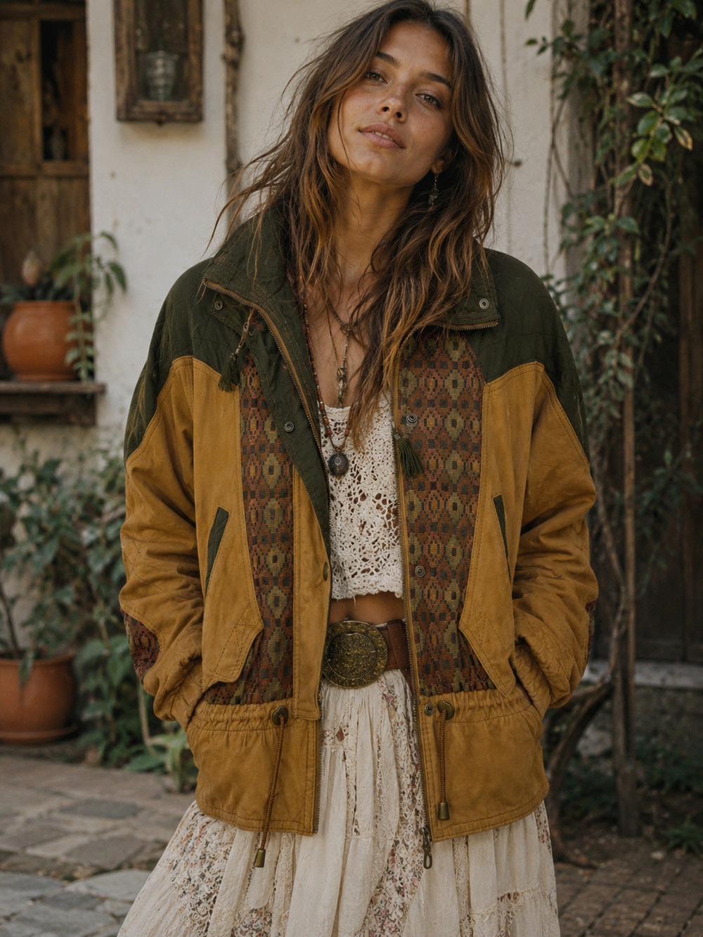 Womens Vintage Brown Winlit Western Bohemian Hippie Leather Quilted Coat Large
